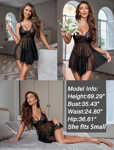 Image of SSoShHub Women Lingerie Set Lace Teddy Strap Babydoll Lingerie Bikini with Panty