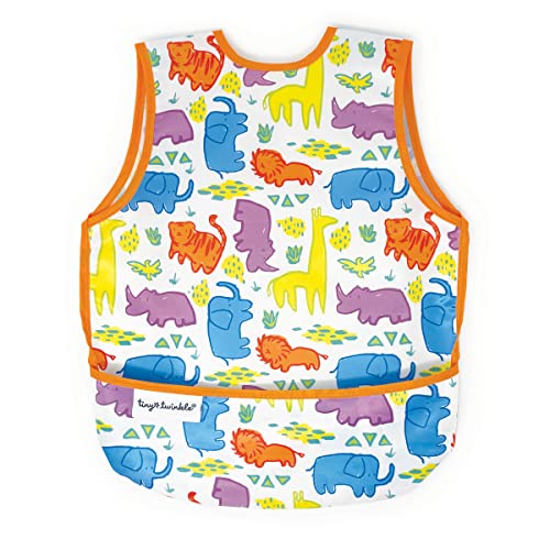 Image of Tiny Twinkle Mess Proof Baby Bib - Waterproof Baby Apron - Machine Washable - PVC, BPA, & Phthalate Free - Great Travel Bib for Baby Eating - Baby Food Bibs (Bright Safari, Small 6-24 Months)