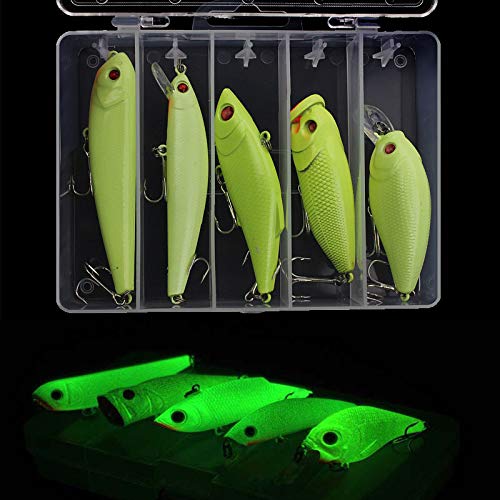 GudGmtoy Glow Angelköder-Set - 5 Stück leuchtender Elritze Crankbait VIB Druckknopf Nacht Hartköder mit Drillingshaken Tackle Box für Barsch, Salzwasser, Süßwasser Cover