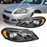 PM PERFORMOTOR 2Pcs Headlights Assembly Compatible with 06-16 Chevy Impala/Monte Carlo | Headlamps with Black Housing Amber Corner