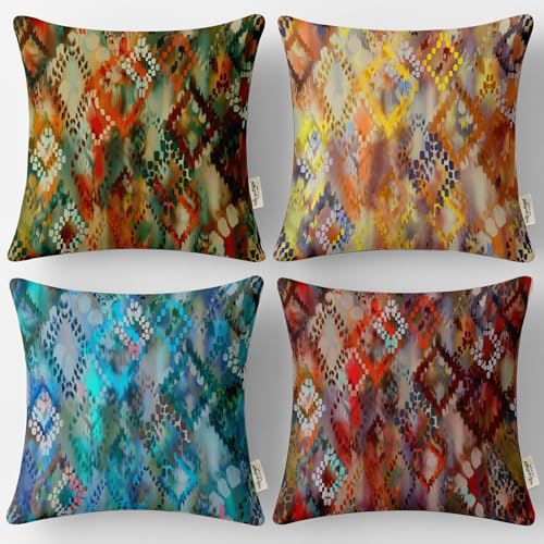 Vargottam Multicolor Cotton Cushion Covers Set of 4, 18x18 Inch, Dual-Sided Print, Hidden Zipper Closure - Ikat Print