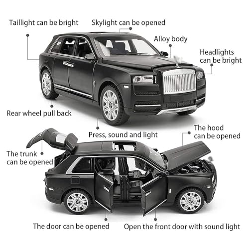 Image of New 1:24 RR Cullinan Diecast Alloy Metal Pull Back Car with Openable Doors Music Sound and Light Vehicle Toy Car for Kids Boys (Black)