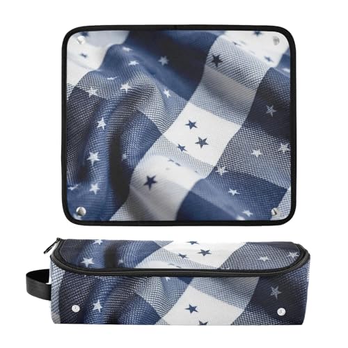Bolso de Viaje para Herramientas Capilares para Mujer con Alfombra Resistente al Calor, Organizador de Gran Capacidad para Planchas de Pelo, Rizadores y Secadores, Estampado Indigo Gingham con Campana de la Libertad miniatura 3