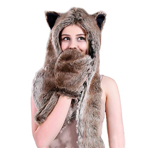 Chapeau animal faux fourrure BaronHong bonnet écharpe gants 3-en-1 hiver pour femme
