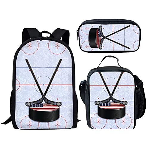 Dellukee Middle School Backpack Set For Boys Fashion Lunch Bag Pencil Bags Book Bag Ice Hockey Print