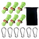 6 Stück 4mm Reflektierende Abspannseile für Zelt, Leuchtend Spannschnur Abspannleine mit Aluminiumspanner Einsteller für Camping Wandern Markisenzelte 13 Fuß Grün + 6 Stück Karabinerhaken Silber