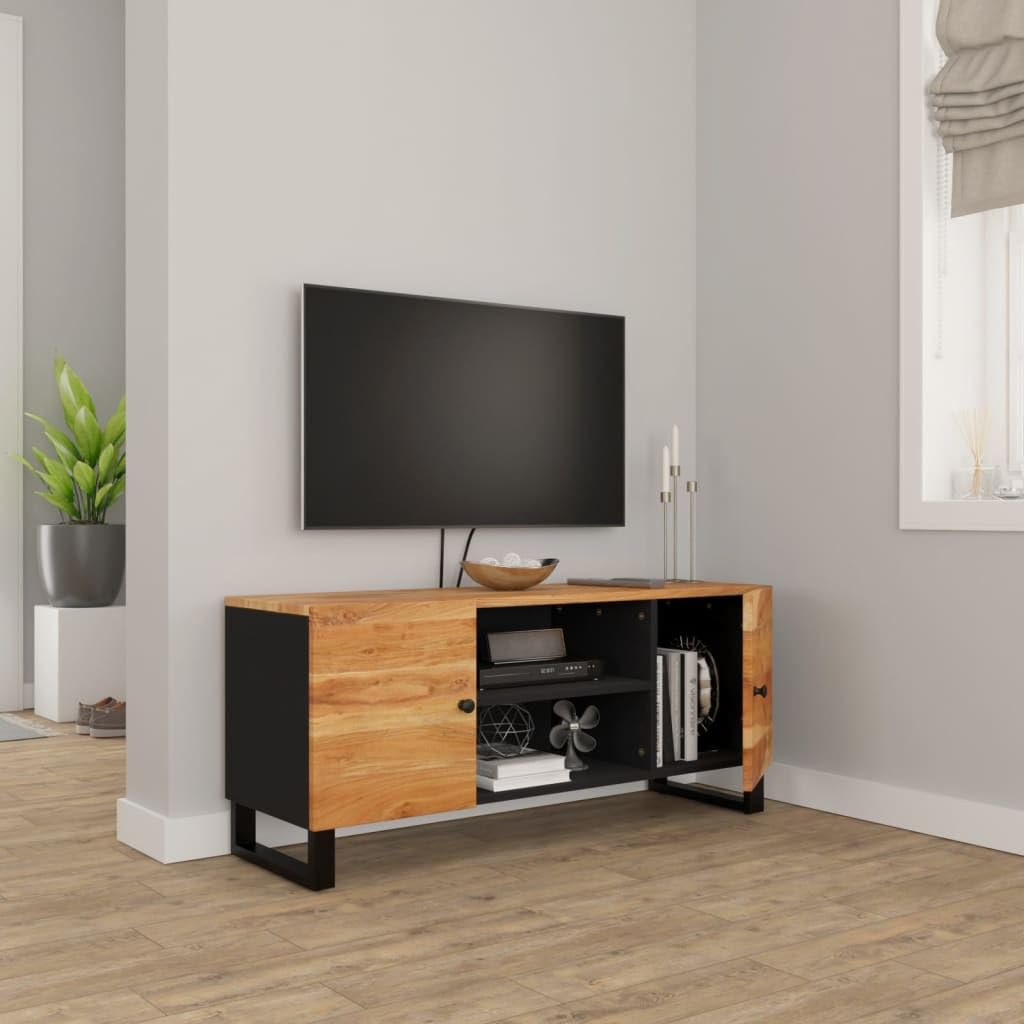 TV-Schrank 105x33x46 cm, Massivholz Akazie Schwarz, Industrie-Stil, 4 Fächer, Robustes Media-Center für Wohnzimmer und Schlafzimmer