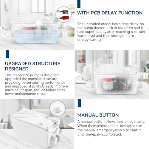 Image of 500W Utility Sink Pump with PCB Function Upgrade Structure Upflush to 23FT 1600GPH Under Sink Pump with 3 Water Inlets 1 Outlet Macerating Toilet System for Sink Shower Urinal Kitchen Basement
