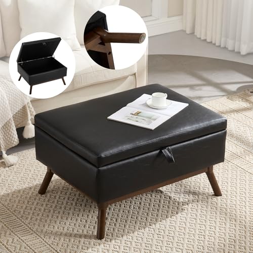 Mid-Century - Banco de almacenamiento cuadrado moderno con compartimento de almacenamiento, multifuncional como mesa de café, banco para zapatos y taburete, marco de madera maciza, capacidad de carga