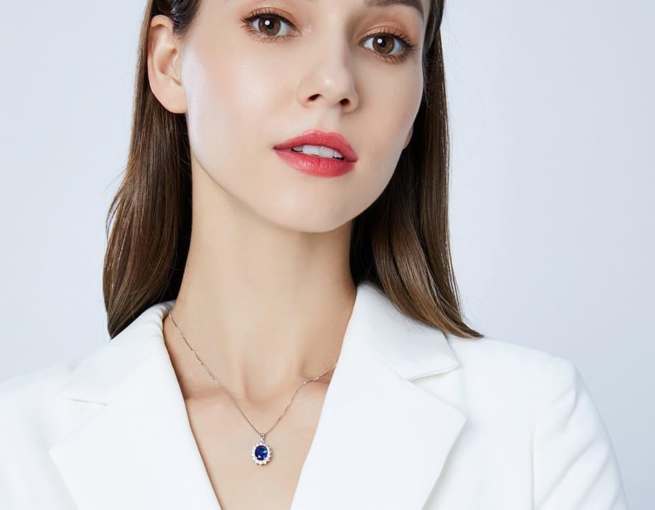 Princess Diana Created Sapphire 925 Sterling Silver Halo Pendant Necklace for Women, Blue Birthstone Anniversary Birthday Jewelry Set - Image 7
