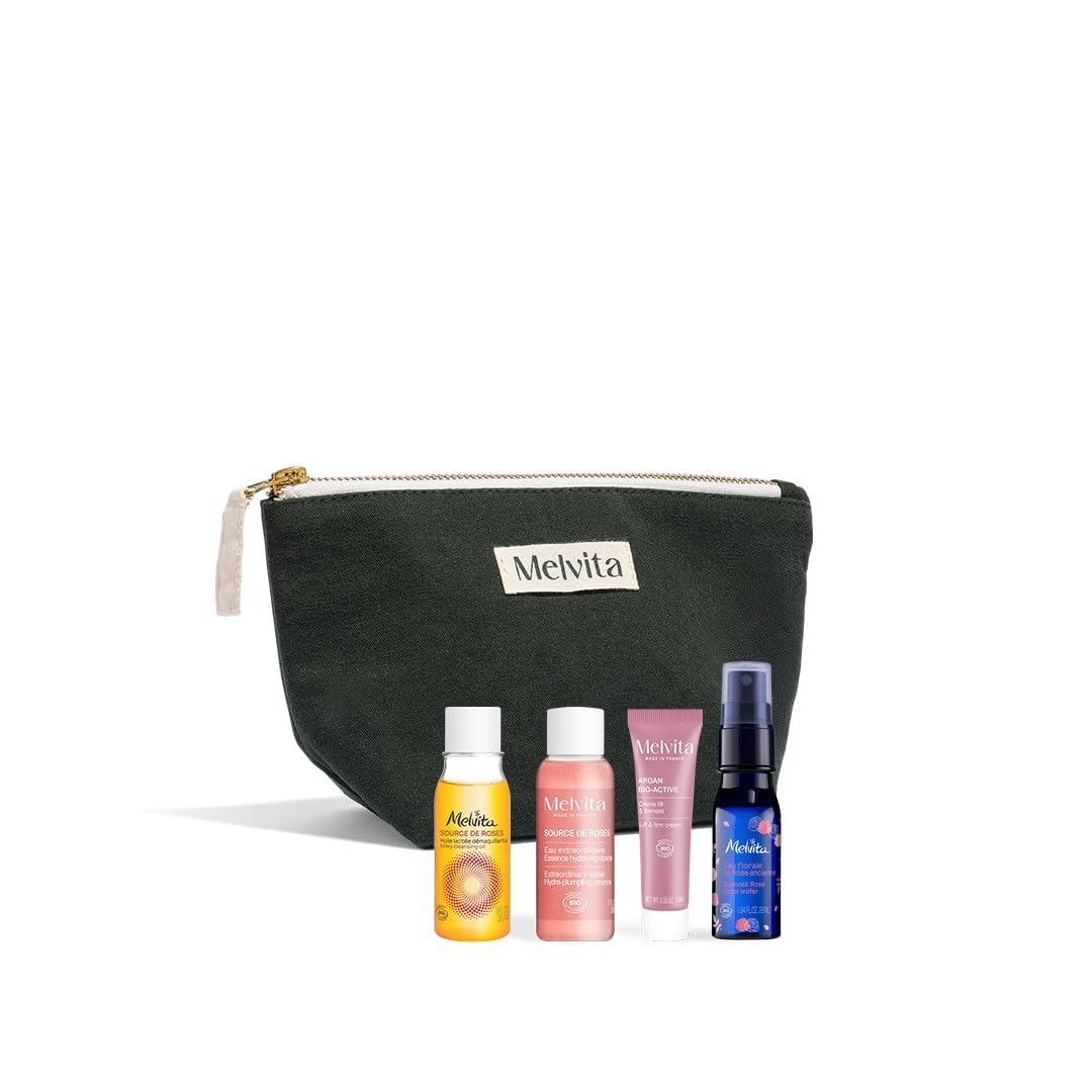Melvita - Trousse Soins Visage Voyage - Nettoyant, Tonifiant, Hydratant pour Tous Types de Peaux - Inclut Huile Démaquillante 30ml, Eau Extraordinaire 30ml, Eau Florale 28ml, Crème Liftante 10ml