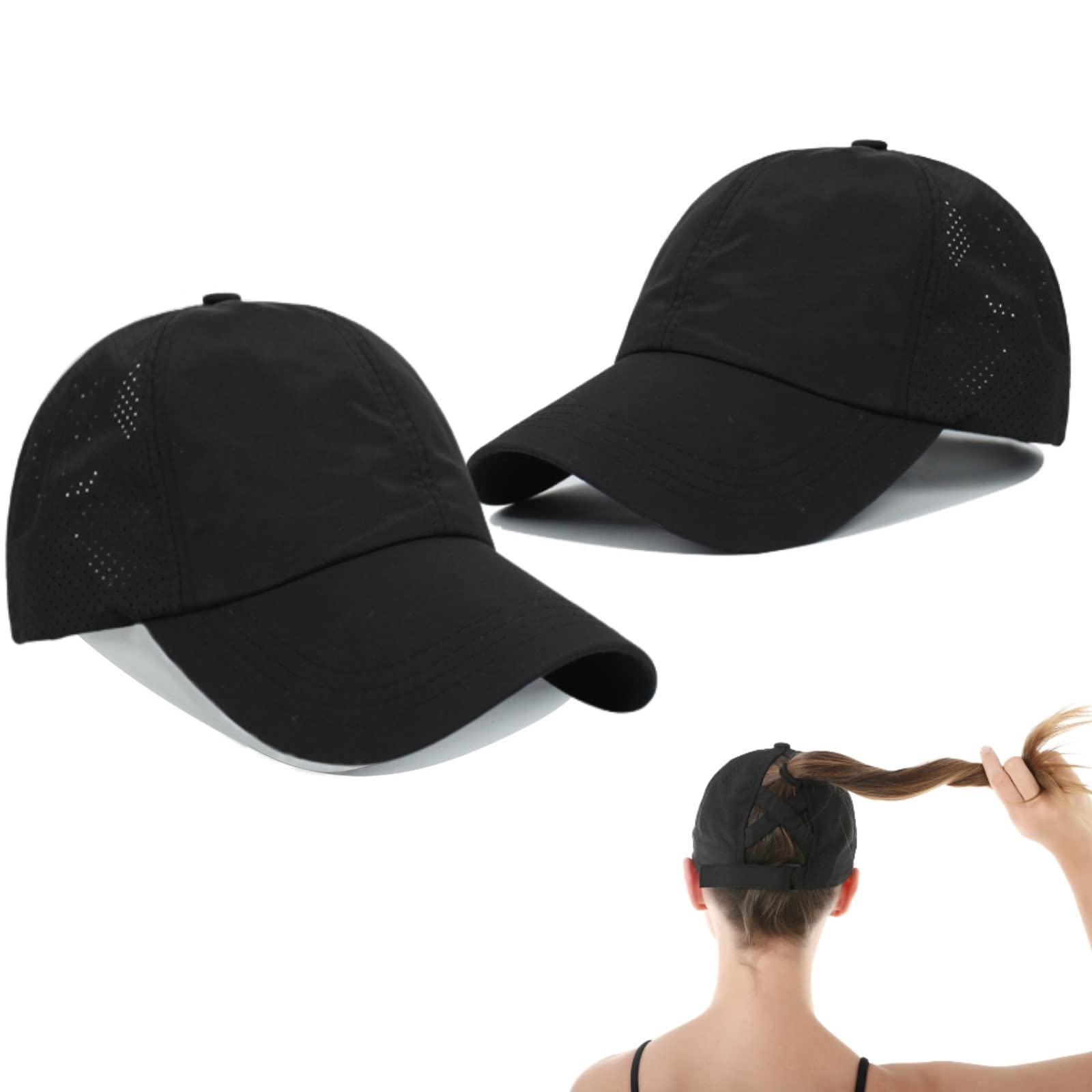 HaloHorus Quick Dry Fit Hats Athletic Cap for Men Women, Adjustable Mesh Workout Hats for Running Fishing |UPF 50+ |2 Hats, Cqdw-b-black, One Size — image 1
