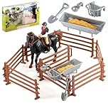 The Magic Toy Shop Horse and Rider Playset with 14 Pieces - Complete with Yard Fence, Trough, Tools - Kids Horse Toys for Boys and Girls, Horse Stable Toys, Plastic Horses, Horse and Stable Play Sets