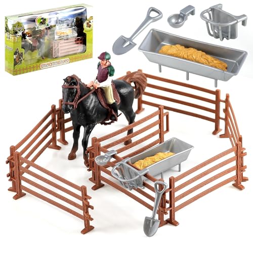 The Magic Toy Shop Horse and Rider Playset with 14 Pieces - Complete with Yard Fence Trough Tools - Kids Horse Toys for Boys and Girls Horse Stable Toys Plastic Horses Horse and Stable Play Sets
