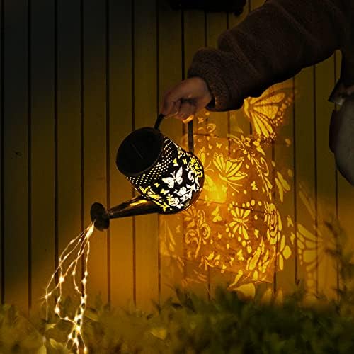 FIMAGO Watering Can with Lights, Solar Lights Outdoor Butterfly Art Garden Decor Hanging Solar Lanterns, Metal Waterproof for Walkway Yard Pathway Patio Table