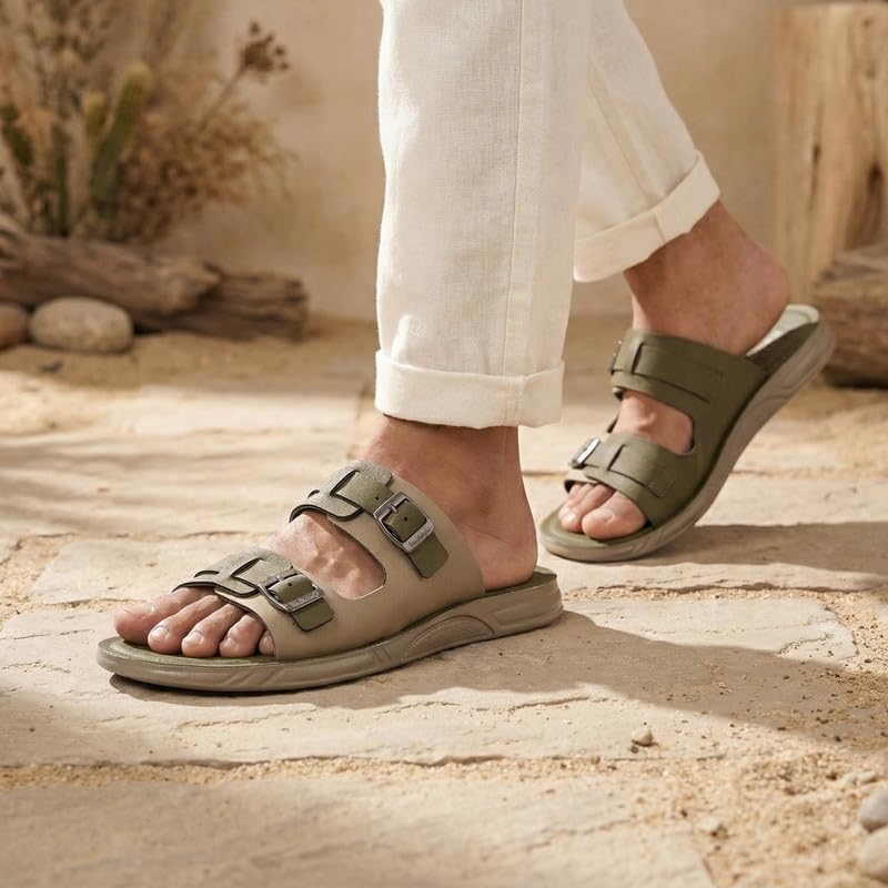 Image of WALKAROO Men's Slip-On Sandals|Soft Cushion Footbed, Adjustable Dual Buckle Straps, Lightweight PU Sole, Anti-Slip Casual Sandals|Casual Wear, Office Casual, Travel, Outdoor&All day use Sandal|WGR53179