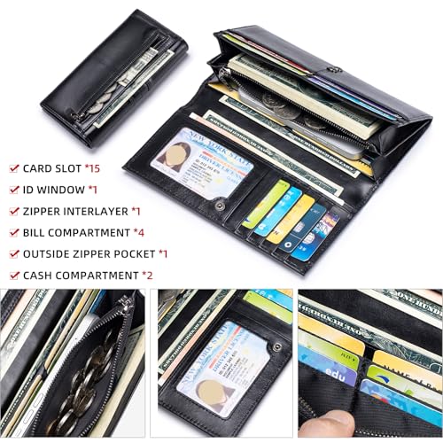 Image of Wallets for Women RFID Blocking Long Ladies Wallet Bifold Womens Leather Wallet with Coin Pocket ID Window, Black