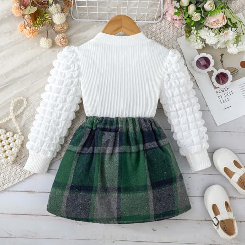 Image of Noubeau Toddler Girls Plaid Outfits Girls Puff Sleeve Knit Ribbed Shirt Tops Plaid Skirt Set Kids Fall Winter Clothes