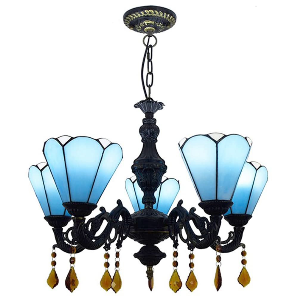 FYZDLAOR Blue Mediterranean 5-Light Chandelier,Adjustable Pendant Light Light Fixtures,Tiffanystyle Stained Glass Hanging Light Wide 24 Inch with Crystal Pendant