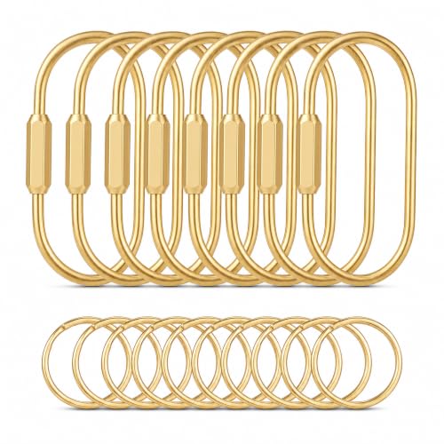 Tiezzi 8 Pack Gold Brass Key Rings with Screw Lock Carabiner Keychain Clips with 10 O-Rings Keychain Clasps & Bag Charm Holders for Purses Tote Bags Handbags and DIY Crafts