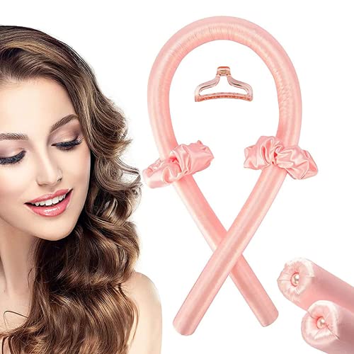 N&M Heatless Hair Curlers for Long Hair - 100% Silk No Heat Curling Headband - Soft Foam Hair Rollers for Natural Medium Hair - Heatless Curling Rod Headband, 2 Scrunchies and Clip, Candy Pink