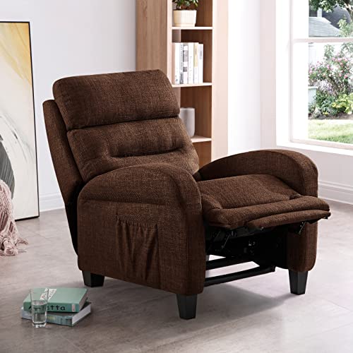 Recliner Chair For Small Space Living Room Bedroom, Push Back Reclining Chair With Wood Steel Structure, Modern Fabric Comfortable Reclinable Chair, Ergonomic Adjustable Single Sofa Chair, Brown #TOP1