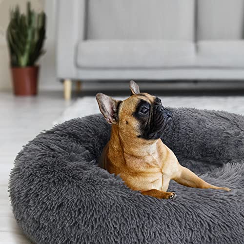 Lucky Sign Katzenbett Waschbar Flauschig Hundebett Rund Hundekissen Kuschel Katzenkissen Warm Katzenkorb Zum Schlafen für Mittelgroße Hunde und Große Katzen, (L) 60 cm Ø - Dunkelgrau
