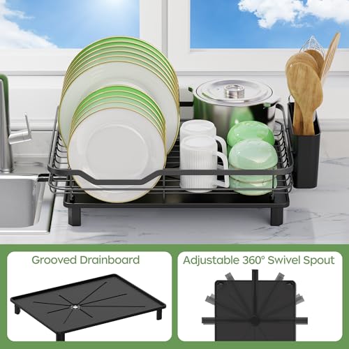 ROTTOGOON Dish Drying Rack, Stainless Steel Rustproof Dish Rack for Kitchen Counter, Sturdy Dish Drainer with Drainboard, Drainage, Utensil Holder for Various Kitchenware, 16.2"(L) x 12.6"(W), Black - Thumbnail 6
