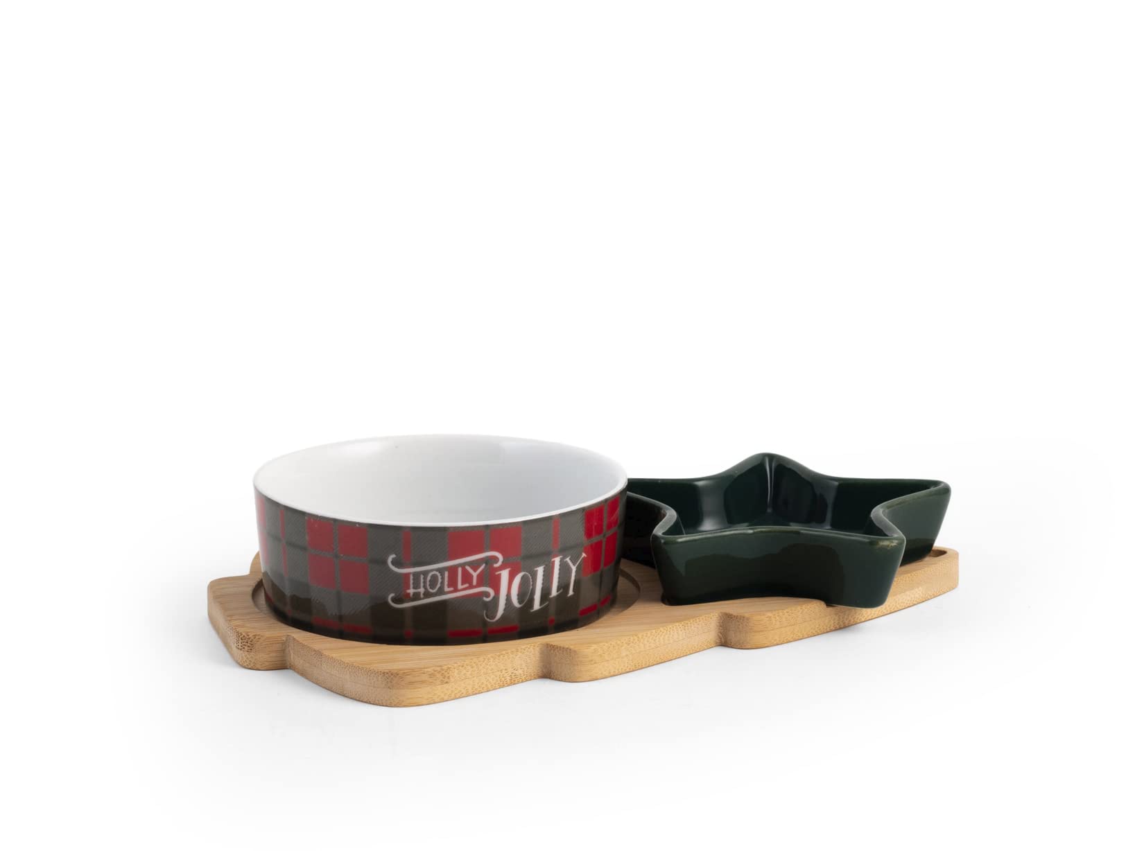 H&H Bamboo Tray Set with Two Cups, one in Decorated Porcelain and one in The Shape of a Ceramic Star. Bamboo Tray cm 15x22