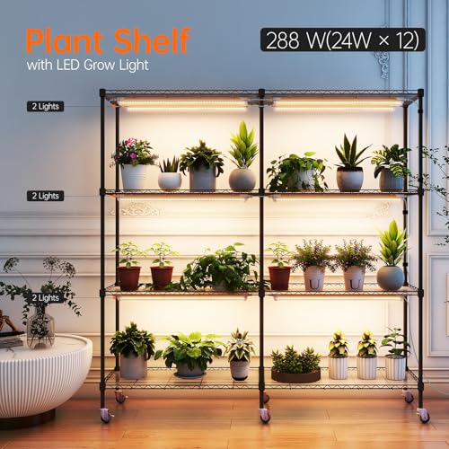 Plant Shelf with Grow Light, 4-Tier Large Grow Light Shelf with Wheels, Stainless Steel, 12-Pack 288W T8 Full Spectrum Grow Lights for Seed Starting(57.4" L x 13.8" W x 59" H)