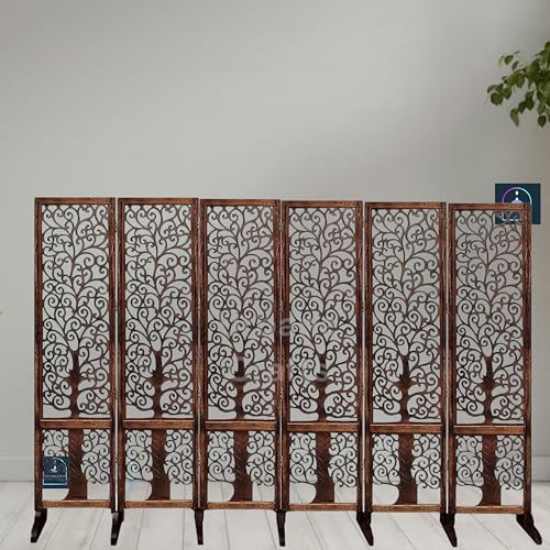 Image of Wooden Room Partition /Screen /Room Divider /Room Separator Traditional Handicrafts 6Ft (Dark Brown) (Tree 6 Panel with Stands)