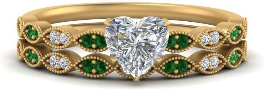Choose Your Gemstone Antique Delicate Wedding Ring Set Yellow Gold Plated Heart Shape Wedding Ring Sets Everyday Jewelry Wedding Jewelry Handmade Gifts for Wife US Size 4 to 12