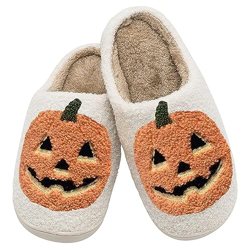 Halloween Pumpkin Slippers for Womens Mens Plush Warm Spooky Lantern Pumpkin Slippers House Shoes2