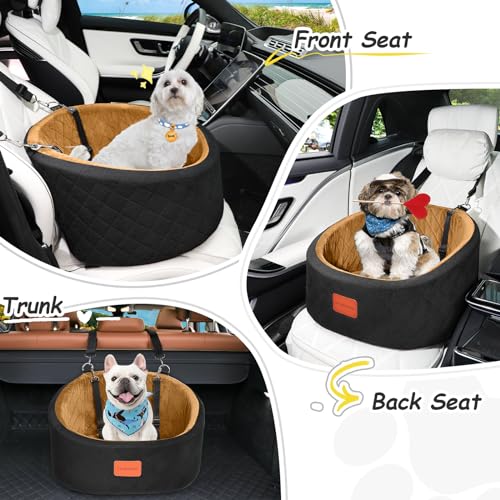 Lealchum Hunde-Autositz, bequemer Haustier-Autositz mit Sicherheitsleinen zum Anklippen, waschbares Reise-Autobett mit Rutschfester Unterseite (Black/Coffee, Small)