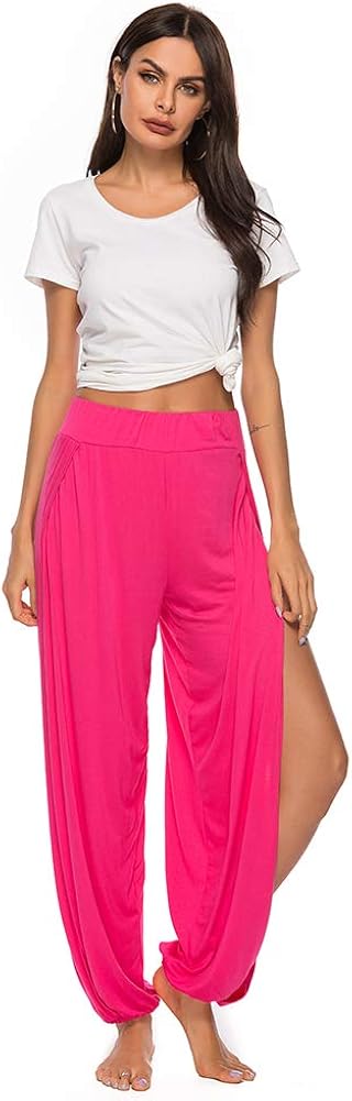 AvaCostume High Slit Harem Pants Women Hippie Harem Pants Trousers Small Rose Red