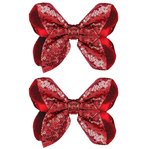 Wllhyf 2 Pcs 5Inch Sequin Hair Bows Clips, Sequins Large Bows Alligator Hair Clip Hair Barrettes For Girls Toddlers Kids Teens Student Birthday Hairpins Party Gift (Red) #TOP13