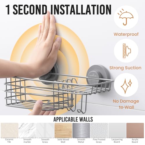 Image of LEVERLOC Shower Caddy Suction Cup, Heavy Duty Bathroom Organizer, Grey
