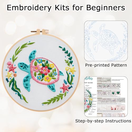 Image of Louise Maelys Sea Turtle Embroidery Kit for Beginners | Cross Stitch Starter Kit for Adults,Stamped Pattern, Hoop, Needles, Threads And Instructions, Easy Craft Gift And Room Decor