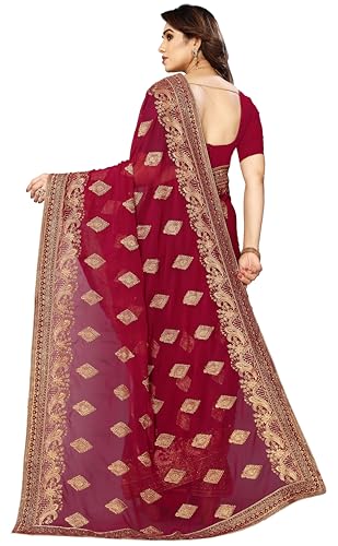 Image of B BELLA CREATION Women's Maroon Georgette Saree with Heavy Golden Embroidery Work & Unstitched Blouse Piece