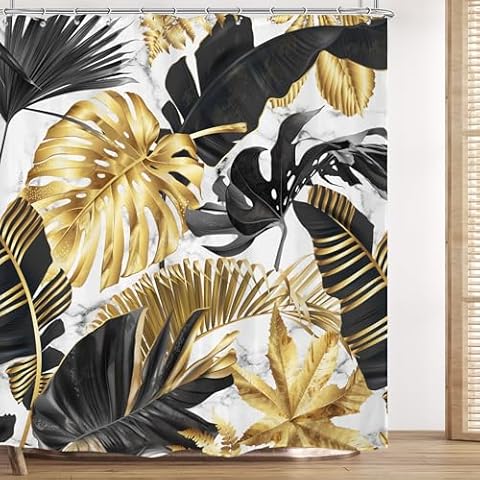 Omifly Black Gold Tropical Palm Shower Curtain 72Wx72H Inch Banana Leaves Monstera Botanical White Marble Jungle Rainforest Plant with 12 Plastic Hooks Fabric Waterproof Toilet Accessories Decor Cover