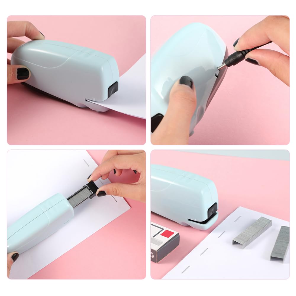 Generic Agrafeuse Électrique Automatique, 10 Feuilles, Batterie 250 mAh, Compatible avec Agrafes 24/6, Moderne, Bleu/Rose (Option), 11 x 2,5 x 5 cm