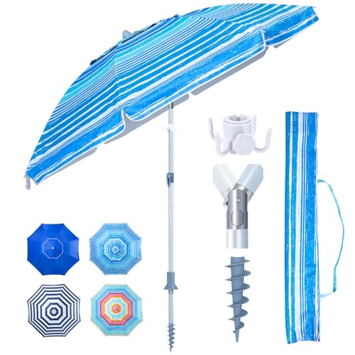 Tempera Heavy Duty High Wind Beach Umbrella with Sand Anchor & Carry Bag|Patio Outdoor Umbrella with Aluminum Frame and Push Button Tilt,Ideal for Travel Garden Lawn,UPF 60+,Ocean Stripe