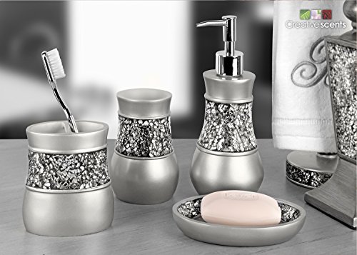 Image of Creative Scents Crackled Glass Silver Hand Soap Dispenser for Bathroom, Decorative Countertop Lotion Dispenser, Elegant Liquid Soap Dispenser with Sturdy Pump for Classic Bathroom Decor