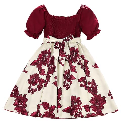 Little Girls Short Sleeve Dresses Girls Floral Smocked Waist Dress Church Holiday Playwear Soft Midi Dress