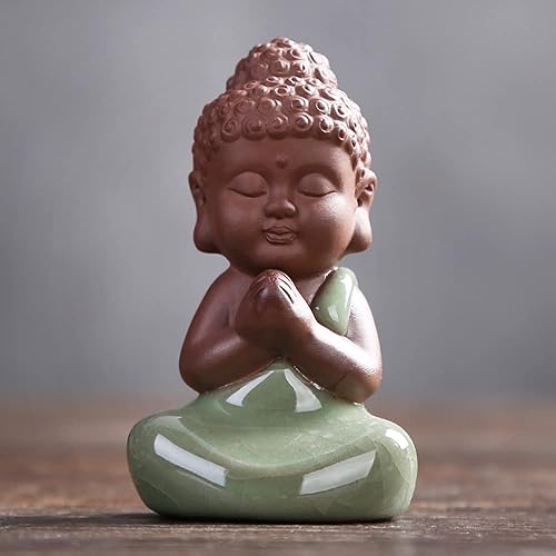Miniatura 22 de Kingzhuo Estatua de monje de cerámica pequeña y linda estatua de Buda para bebé, decoración del hogar, decoración zen, figura de rulai pacífica (E)