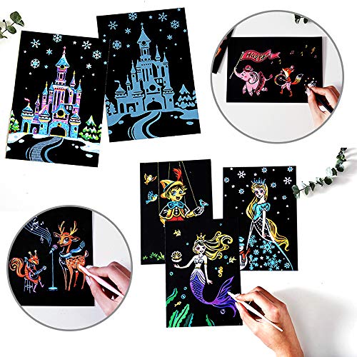 Scratch Art Paper, Rainbow Night View Scratchboard Pads For Adults And Kids, Mini Envelope Postcard Art & Crafts Set: 12 Sheets Scratch Cards & Scratch Drawing Pen, Clean Brush 7.9"X5.5" (Dreamtopia) #TOP4