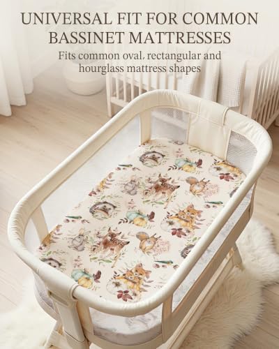 Image of Bassinet Sheets for Baby Girls Boys 2 Pack, Fitted Baby Mattress Sheet for Rectangle, Oval, Hourglass Bassinet Mattress, Breathable Cozy & Universal Fit (Forest Friends, Bassinet Sheet)