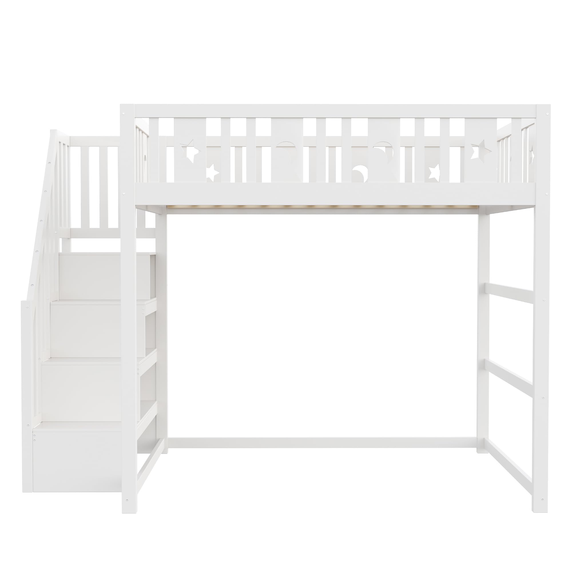 Etagenbett 140x200 cm, Kinderbett mit Treppe | Ohne Matratze, Holzbett mit Stern- und Monddekoration, Bett für Kinder Jugendliche Massivholz Weiß