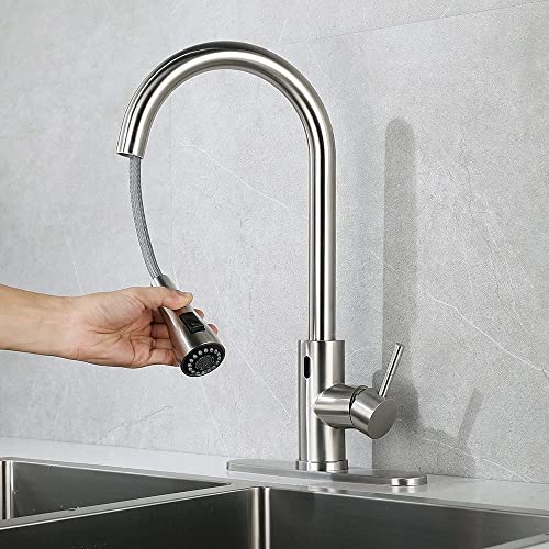 Gangang Touchless Kitchen Sink Faucet Pull Out Sprayer Automatic Sensor Mixer Stainless Steel Brush Nickle With Deck Plate… #TOP7