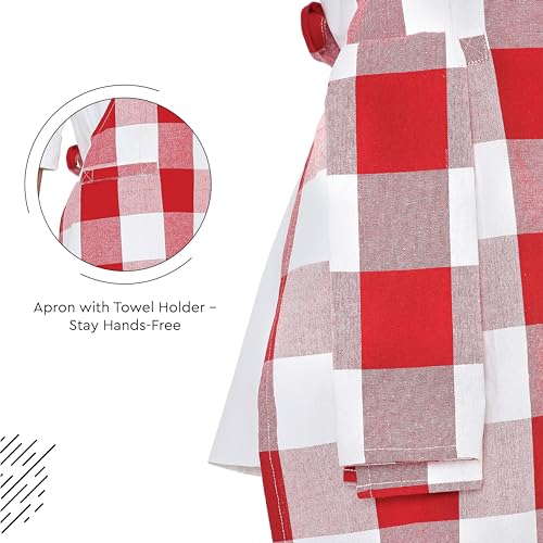 Image of Encasa XO Cotton Cooking kitchen Apron for Women and Men chef apron With adjustable neckstrap, Pocket & Towel Holder for Easy cooking, Baking, BBQ, Gardening- Buffalo Red Checks, 68x85 cm